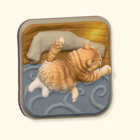 Orange cat stretching across a blue patterned rug in a warm home scene on a Poptile magnet.