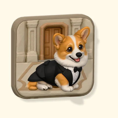 Corgi wearing a tuxedo in a bright hallway.