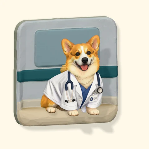 Corgi wearing a white coat and stethoscope in a clinic scene on a Poptile magnet.