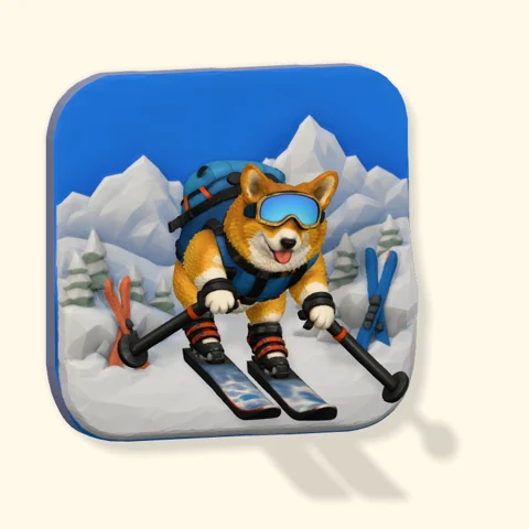Corgi wearing goggles and ski gear in a snowy mountain scene on a Poptile magnet.