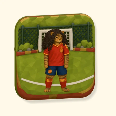 Curly-haired cat in a football kit on the pitch.