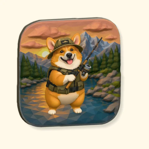 Corgi in fishing gear beside a mountain river at sunset on a Poptile magnet.