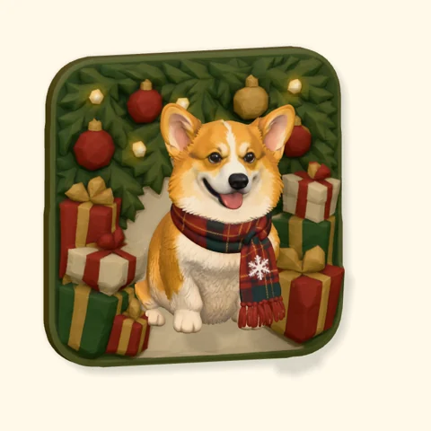Corgi wearing a scarf among wrapped gifts and a decorated tree on a Poptile magnet.