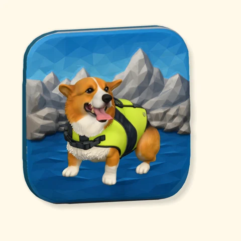 Corgi wearing a bright life jacket beside an alpine lake on a Poptile magnet.