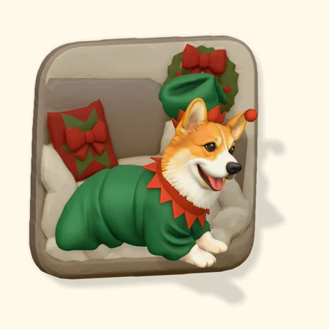 Corgi in an elf outfit beside Christmas gifts.