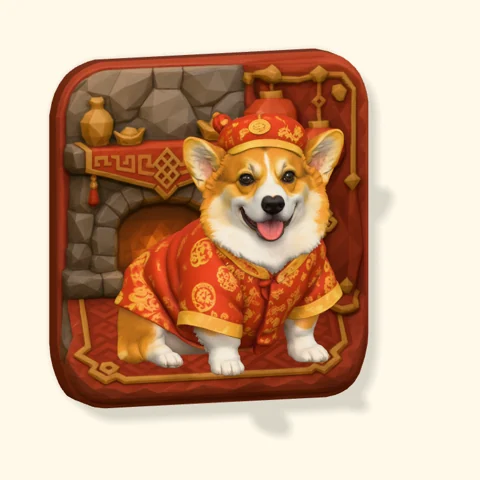 Corgi wearing a red and gold festive outfit among lanterns on a Poptile magnet.