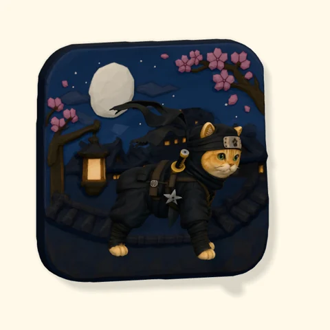 Orange cat dressed as a ninja in a moonlit scene with cherry blossoms on a Poptile magnet.
