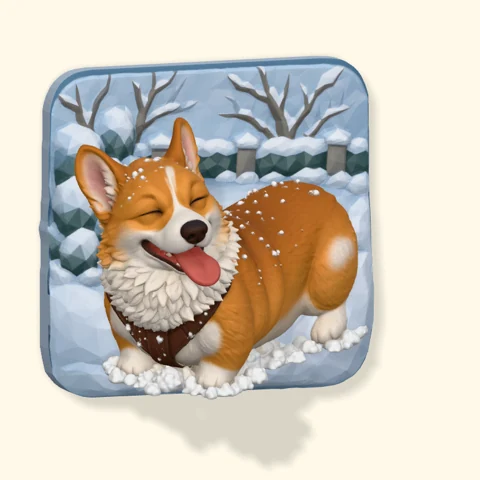 Corgi playing in fresh snow.