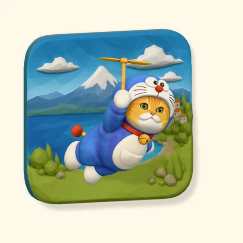 Cat in a blue character costume flying above the mountains.