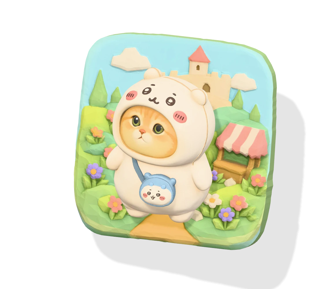 A cat in a cream hood on a colorful garden Poptile, angled to show its sculptural depth